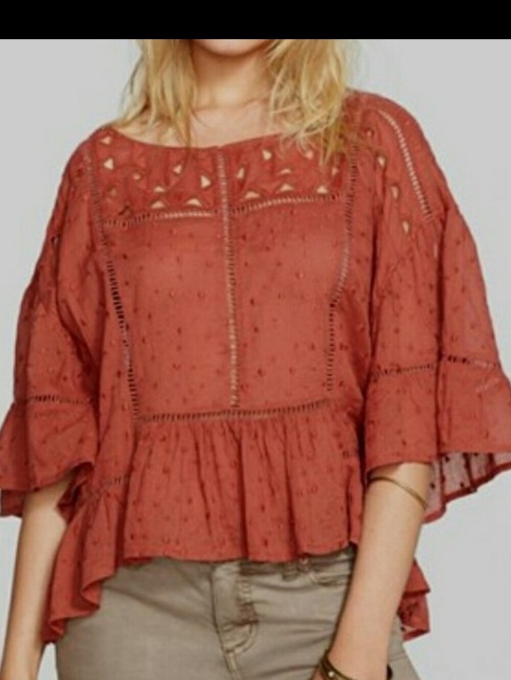 Oversized Free People Rust Orange Eyelet Peasant Dreamer Blouse Medium